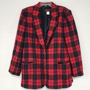 Vintage red black plaid wool blend fitted blazer